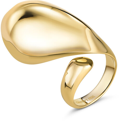 Charmin's Goudkleurige Chunky Ring van Staal met Open Uiteinden &ndash; &eacute;&eacute;n Klein Rond en &eacute;&eacute;n Grote Druppelvorm R1843.