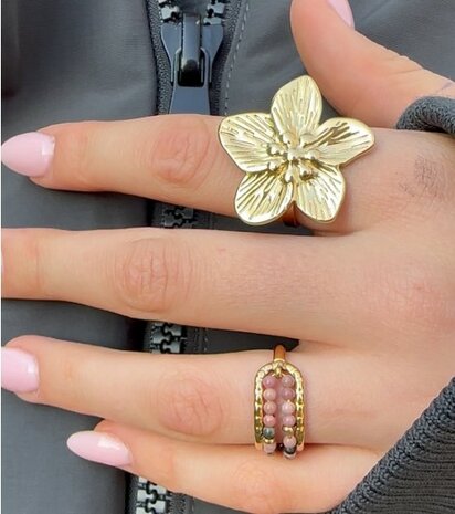 Charmin's Anxiety Ring Twee Rijen NaturalStones Rhodoniet Beads Goudkleurig R1670