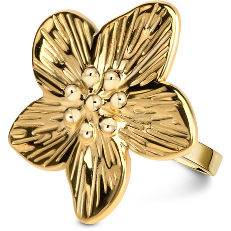 Goudkleurige Chunky Ring met Sierlijke Kersenbloesem. Een symbool van schoonheid en licht, perfect als subtiele eyecatcher. Productcode: R1855.