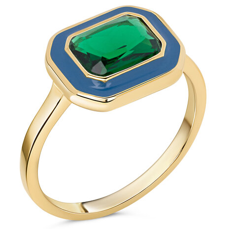 Charmin's Goudkleurige Chunky Ring Blauw Emaille en Groene Steen R1780 &ndash; Chic en Vintage