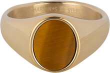 Charmin&#039;s goldfarbener Siegelring mit flachem ovalem Tigerauge-Edelstein, Stahl R1478