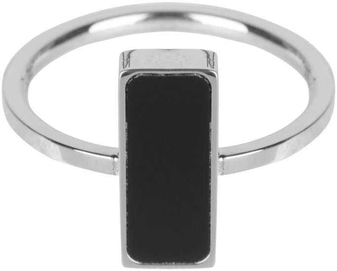 Charmin’s  stapelring staal R536 Fashion Seal Rectangle Shiny Steel with Black Stone