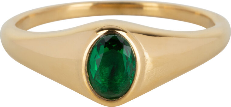 Charmin’s R1086 Birthstone zegelring May Green Emerald Oval Stone Goldplated