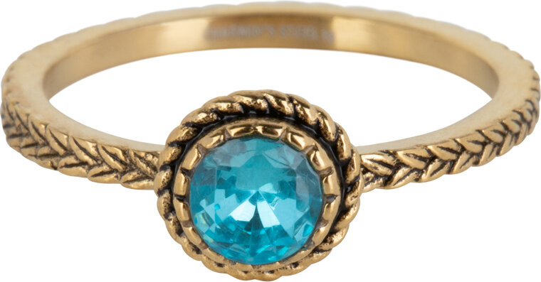 Charmin's Goudkleurige Ring Birthstone Maart LichtBlauwe Kristal Staal Iconic Vintage R1094