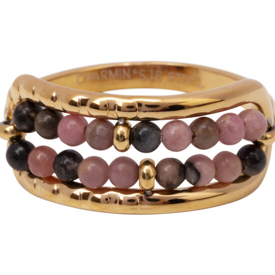 Charmin's Anxiety Ring Twee Rijen NaturalStones Amethist Beads Goudkleurig R1670