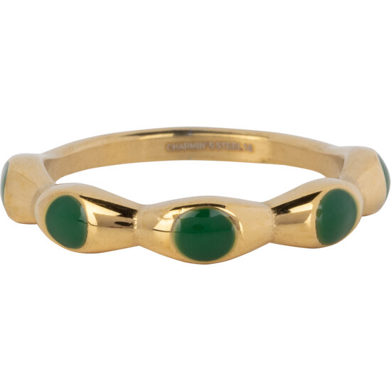 Charmin's Goudkleurig Ring Met Donker Groene Ronde Emaille Bollen Staal R1498