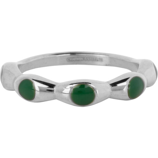 Charmin's Zilverkleurig Ring Met Donker Groene Ronde Emaille Bollen Staal R1497