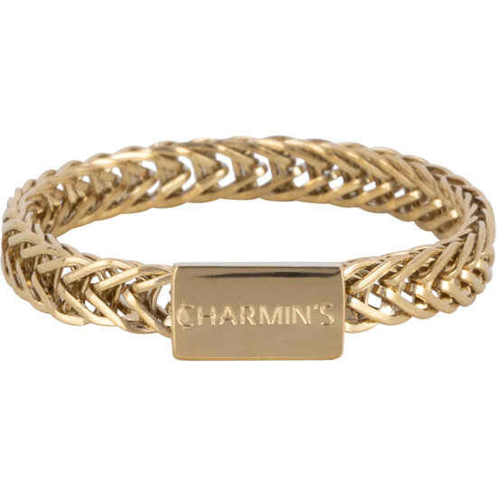 Charmin’s Goudkleurige Fijn Gevlochten Ring Met Plaatje 3MM Staal R1490