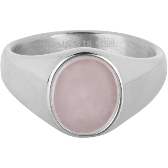 Chevalière Charmin's avec pierre précieuse ovale plate en quartz rose rose clair en acier R1481