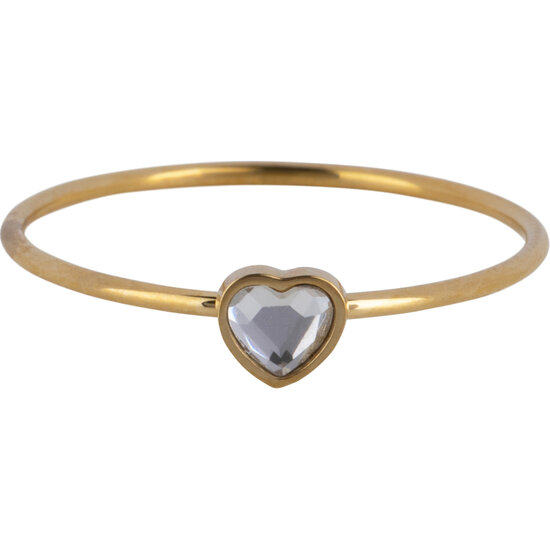 Charmin's Goudkleurige Ring met Wit Kristallen Hartsteentje Staal R1574 – Birthstone April