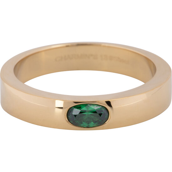 Charmin’s Ring Brede Band Ovale Donker Groene Steen Goudkleurig Staal R1227