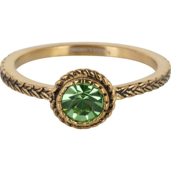 Charmin's Goudkleurige Ring Birthstone Augustus Lichtgroene Kristal Staal Iconic Vintage R1097