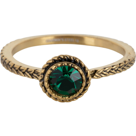Charmin's Goudkleurige Ring Birthstone Mei Donkergroene Kristal Staal Iconic Vintage R1095