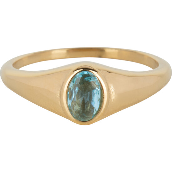 Charmin’s R1085 Birthstone zegelring March Blue Topaz Oval Stone Goldplated