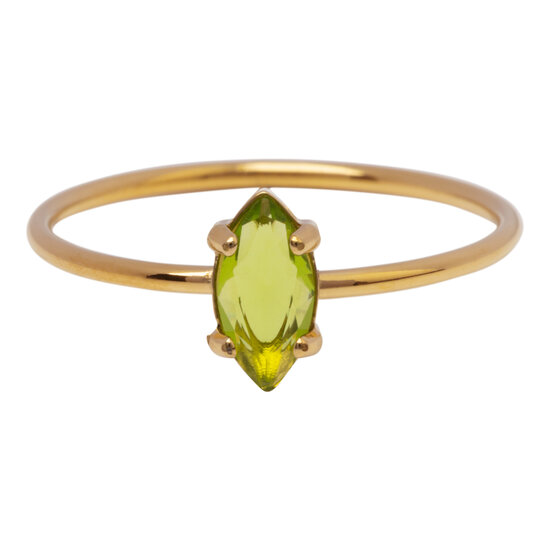 Charmin's Goudkleurige Ring met Ellipsvormig Lichtgroen Kristal R1690– Fris en Opvallend