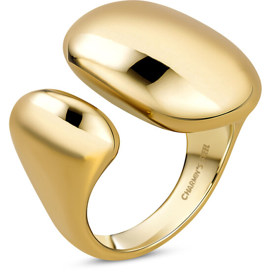 Charmin's Goudkleurige Chunky Ring met Open Rechthoekige Uiteinden Staal R1841 – Statement en Elegant