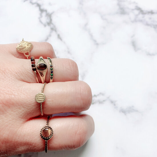 Charmin's Anxiety Bague Oeil de Tigre Pierres Précieuses Perles Plaqué Or Palmier R1202