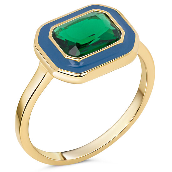 Charmin's Goudkleurige Chunky Ring Blauw Emaille en Groene Steen R1780 – Chic en Vintage