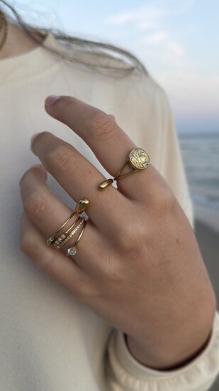 Charmin's Goudkleurige  Anxiety Ring Natural Stones Agaat en Jaspis Beads Staal R1204