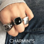 Charmin’s  stapelring staal R586 Vintage Seal Black Faced CZ Shiny Steel